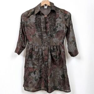 Charlotte Russe Shirt Dress Ruffled Tunic Top Retro Floral Dark Coquette Gray S